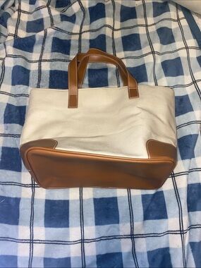 Jaclyn Smith Cream Canvas Tote with Tan Leather Accents